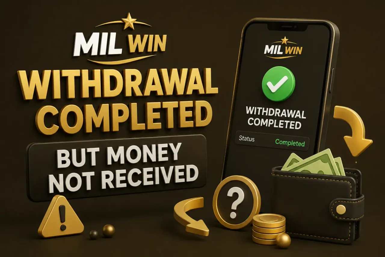 Phone showing a completed withdrawal beside a question mark and a money not received warning