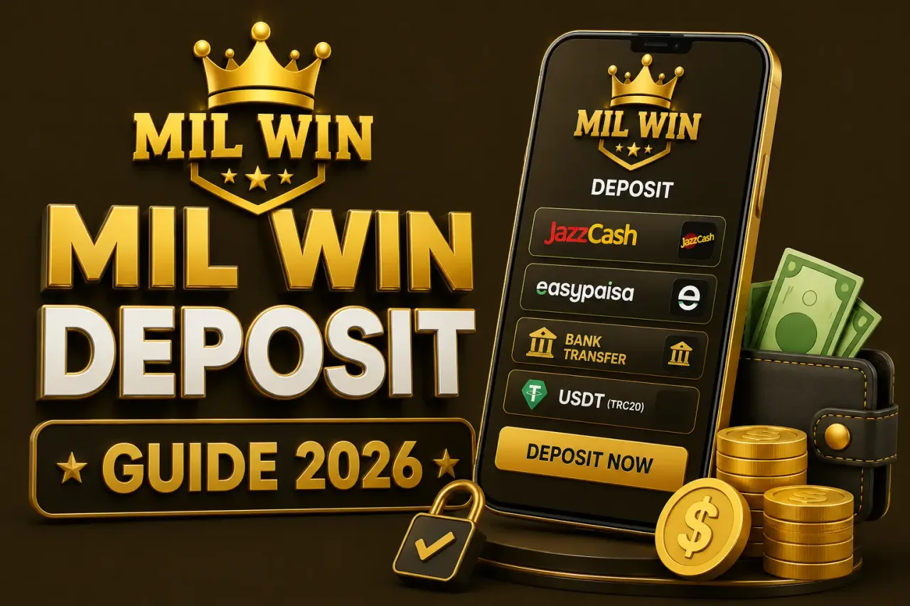 Phone showing the Mil Win deposit screen with payment options, a wallet and stacked gold coins