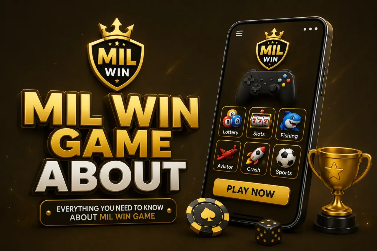 Phone displaying a grid of Mil Win game tiles beside a gold trophy and a game controller