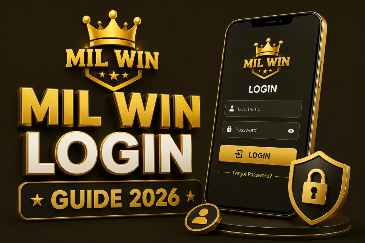 Phone showing the Mil Win login form beside a padlock and a security shield