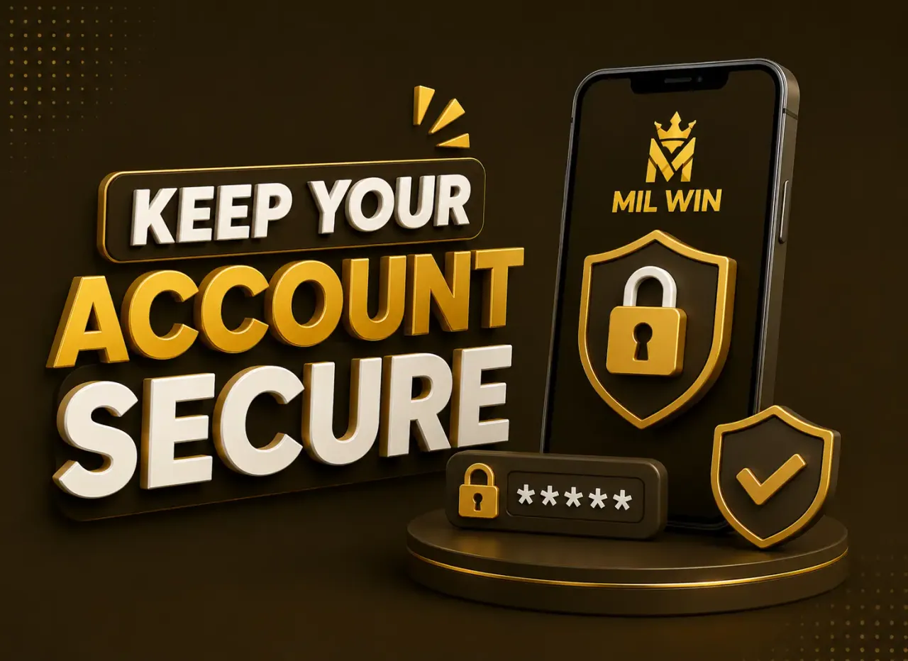 Phone with the Mil Win logo beside a security shield and a verification tick
