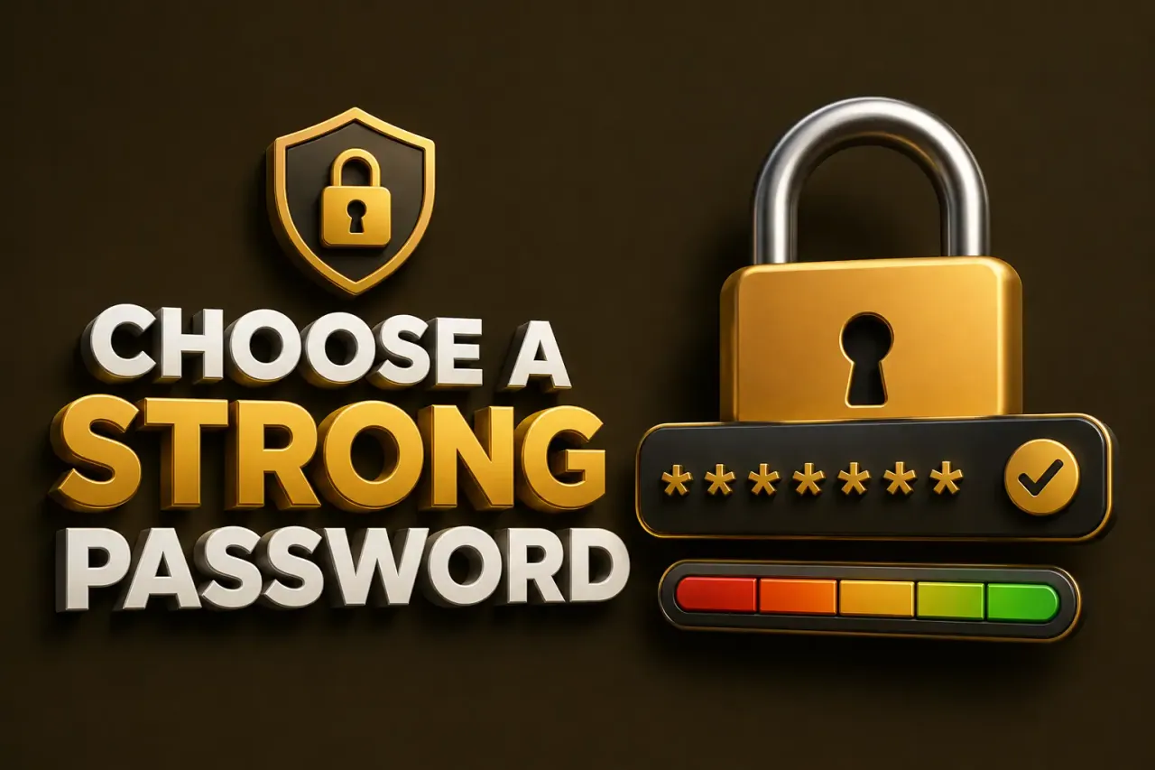 Choosing a strong password Large padlock beside a masked password field and a colour-coded strength meter