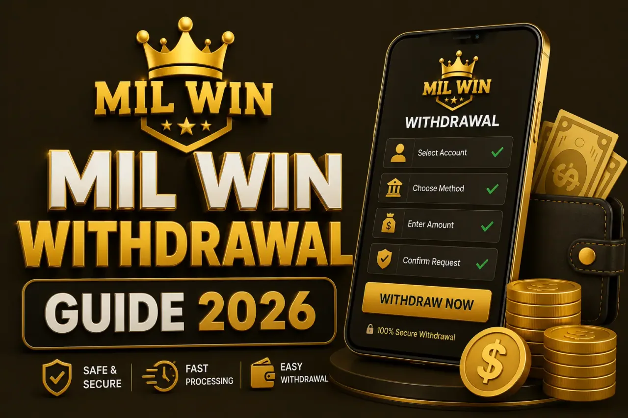 Withdrawal guide Phone showing the Mil Win withdrawal screen beside a wallet and stacked gold coins